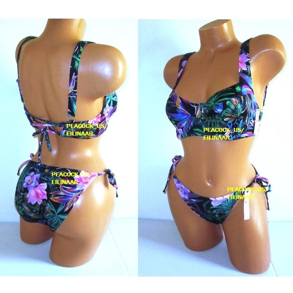 34C/S VICTORIA SECRET SWIM Lace-Up Top Bikini Set Side Tie Cheeky Bottom Floral - Picture 2 of 12